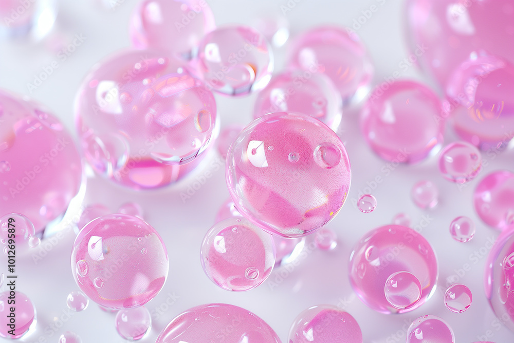 Delicate pink bubbles adorning a soft white background for modern aesthetic Delicate pink bubbles adorning a soft white background for modern aesthetic