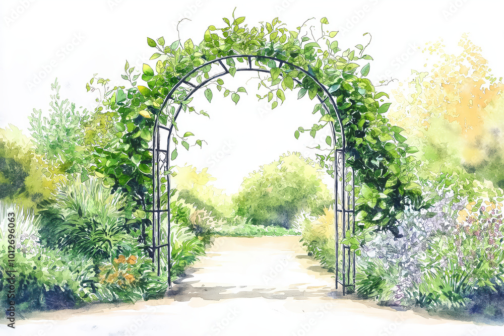 Obraz premium A serene garden archway adorned with lush greenery, inviting visitors into a vibrant floral path.