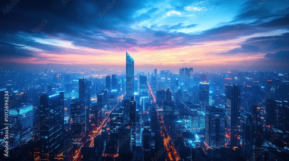 A futuristic cityscape at twilight, with sleek skyscrapers illuminated by neon blue lights, creating a tranquil yet vibrant atmosphere. A futuristic cityscape at twilight, with sleek skyscrapers illuminated by neon blue lights, creating a tranquil yet vibrant atmosphere.