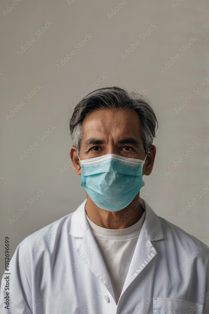 Male doctor in white lab coat wearing a surgical mask Male doctor in white lab coat wearing a surgical mask