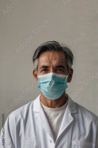 Male doctor in white lab coat wearing a surgical mask