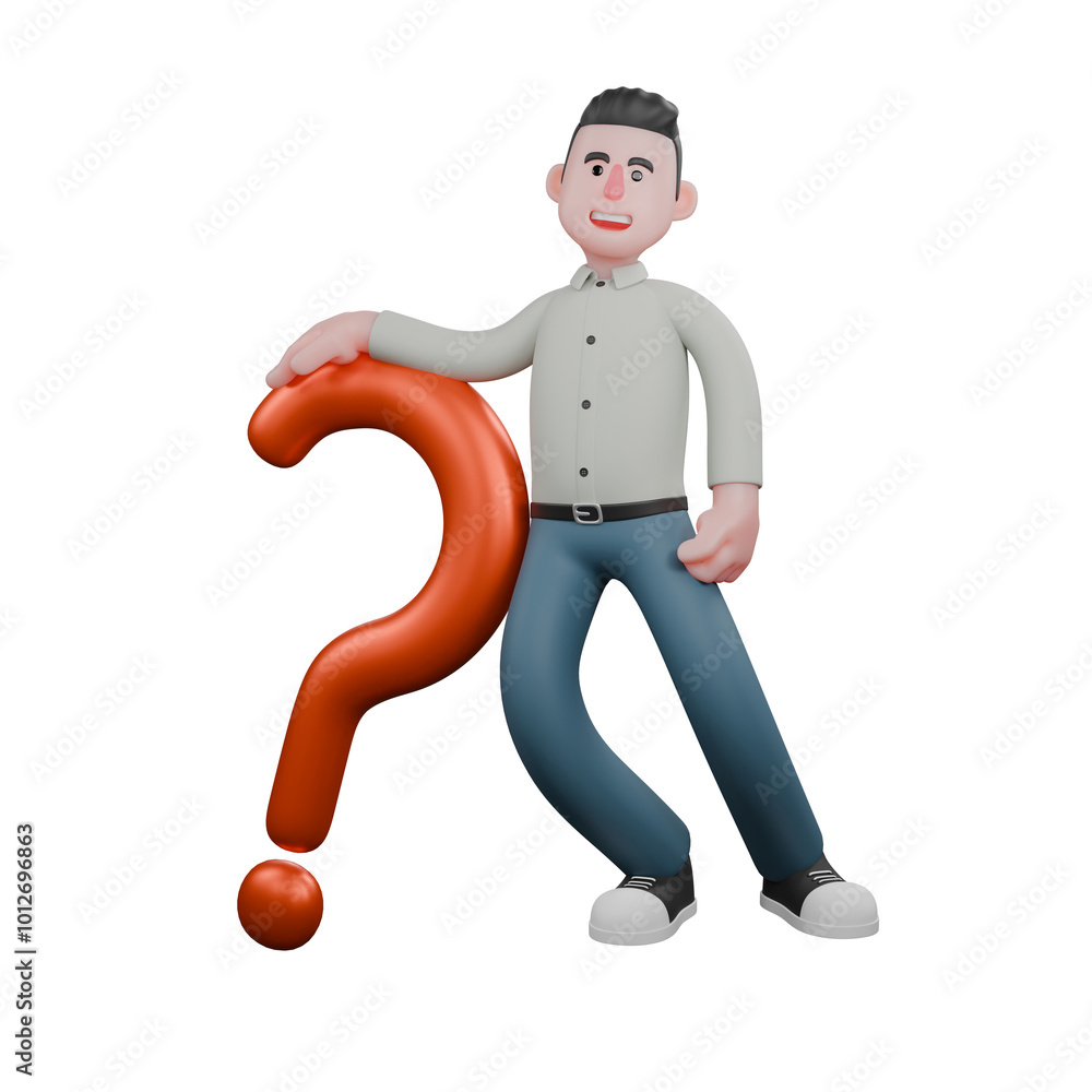 Creative Writing Expert in 3D. A male writer leans on a question mark symbol with his hands on the symbol. Cartoon Writer Creative Writing Expert in 3D. A male writer leans on a question mark symbol with his hands on the symbol. Cartoon Writer