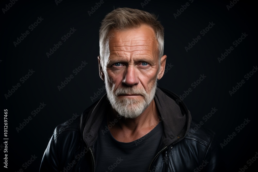 Portrait of a senior man in a leather jacket on a dark background. Portrait of a senior man in a leather jacket on a dark background.