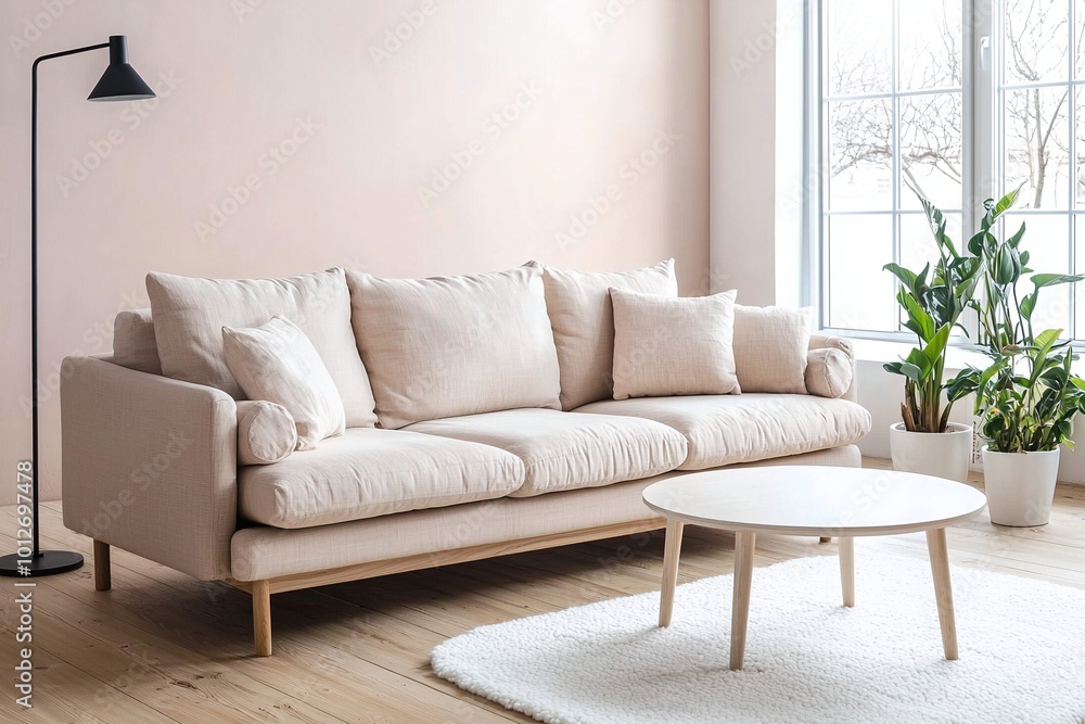 Fototapeta premium Photograph of a combination of modern Scandinavian interiors and minimalist interiors in a living room with a sofa and table. Generative AI 