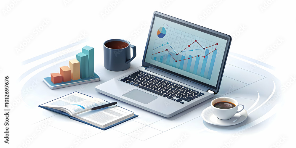 Sophisticated Office Desk with Laptop Displaying Financial Graphs, Coffee Mug and Currency Arrangement for High-End Financial Services Advertising Sophisticated Office Desk with Laptop Displaying Financial Graphs, Coffee Mug and Currency Arrangement for High-End Financial Services Advertising