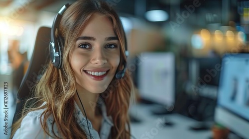 Smiling Call Center Agent Assisting Customers in Busy Office Environment