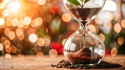 Flat Soft Abstract Hourglass with Growing Roots concept as An hourglass with roots growing from the bottom amid bokeh effects symbolizes time sensitive growth achieved through community and compromise photo