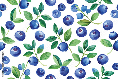 Watercolor seamless blueberry pattern, Vector illustration on white background.