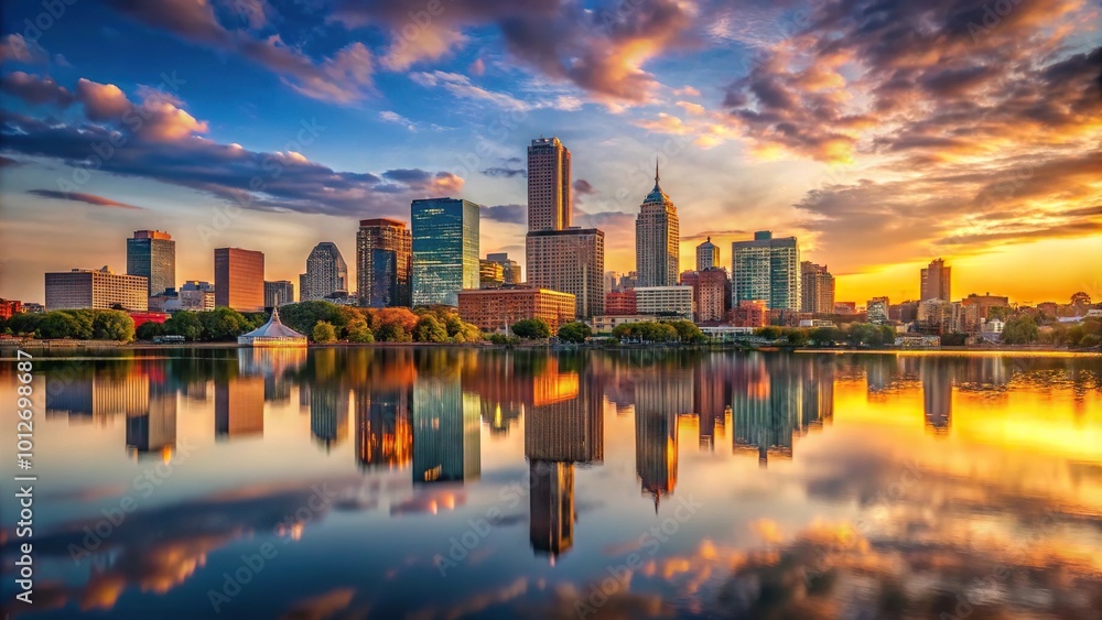 Fototapeta premium Forced perspective of Boston skyline at sunset with reflection in water