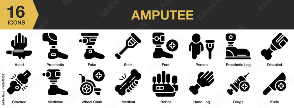 Amputee solid icon set. Includes wheel chair, stick, prosthetic, medicine, and More. Solid icons vector collection. Amputee solid icon set. Includes wheel chair, stick, prosthetic, medicine, and More. Solid icons vector collection.