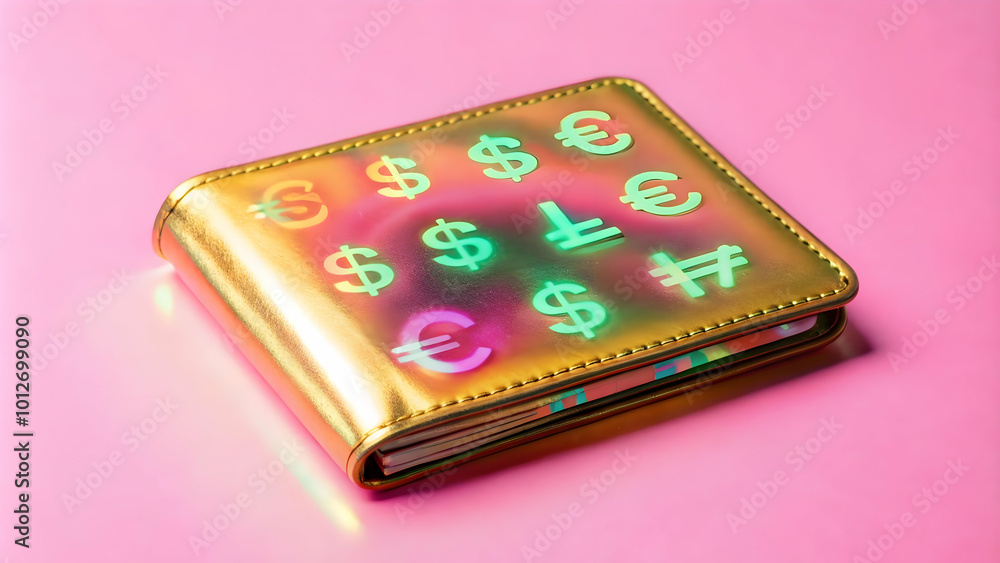 Close-up of a sleek holographic wallet showcasing glowing currency symbols and discount signs, perfect for financial and advertising concepts. Close-up of a sleek holographic wallet showcasing glowing currency symbols and discount signs, perfect for financial and advertising concepts.