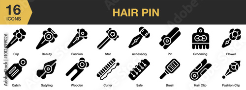 Hair Pin solid icon set. Includes wooden, star, sale, grooming, and More. Solid icons vector collection.