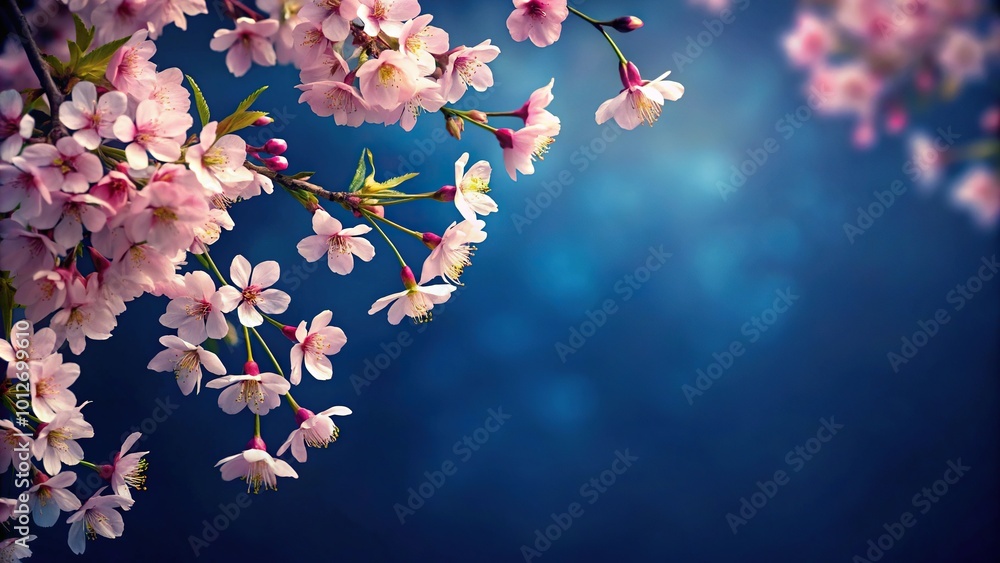 Forced perspective of delicate pink and white blossoms against dark blue backdrop Forced perspective of delicate pink and white blossoms against dark blue backdrop