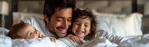 Joyful Moments: Family Bonding and Smiling in Bed