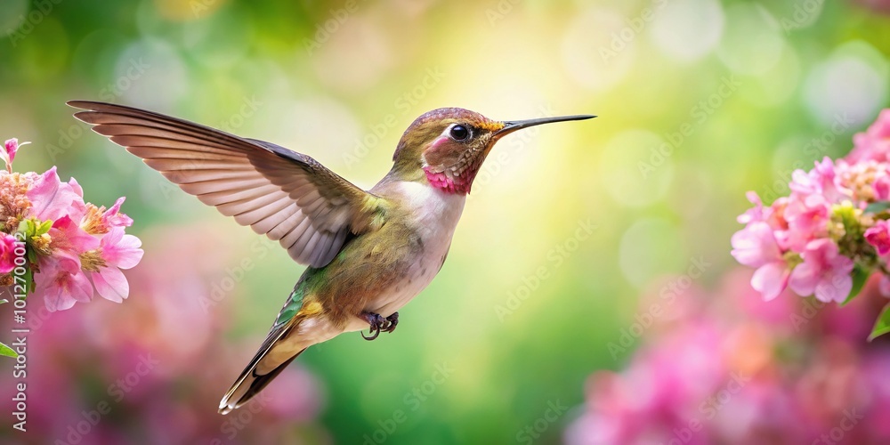 Naklejka premium Forced perspective of flying hummingbird with beautiful floral background