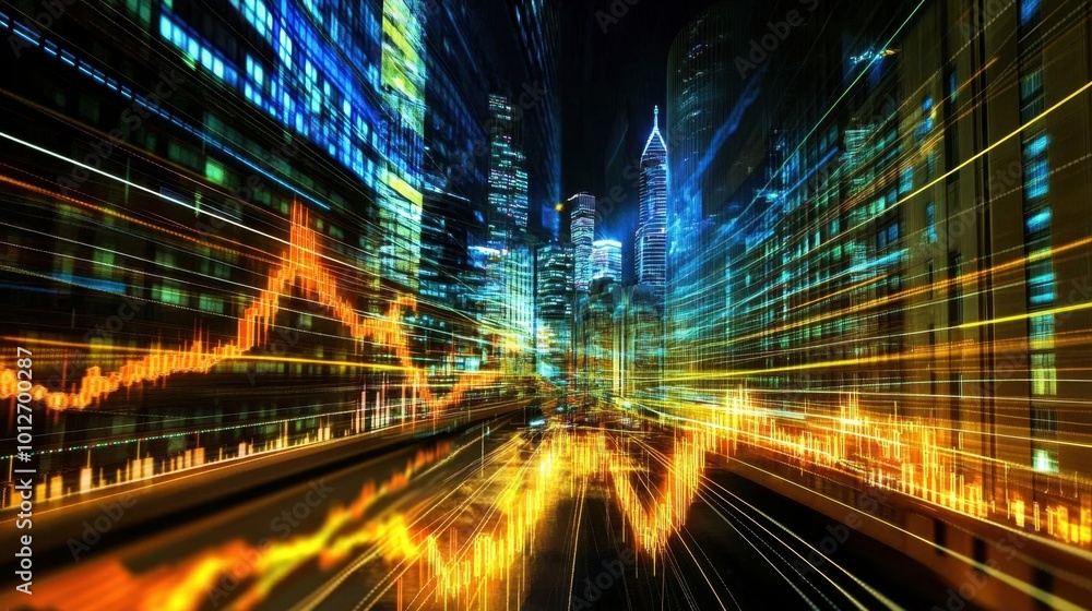 An abstract depiction of a financial stock market graph against a technology backdrop, highlighting key trends and movements in finance. The design is both modern and professional. An abstract depiction of a financial stock market graph against a technology backdrop, highlighting key trends and movements in finance. The design is both modern and professional.
