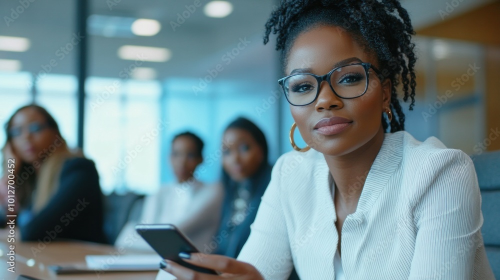 A confident African American CEO with a smartphone, leading a team meeting and communicating with key stakeholders, showcasing her leadership in business A confident African American CEO with a smartphone, leading a team meeting and communicating with key stakeholders, showcasing her leadership in business