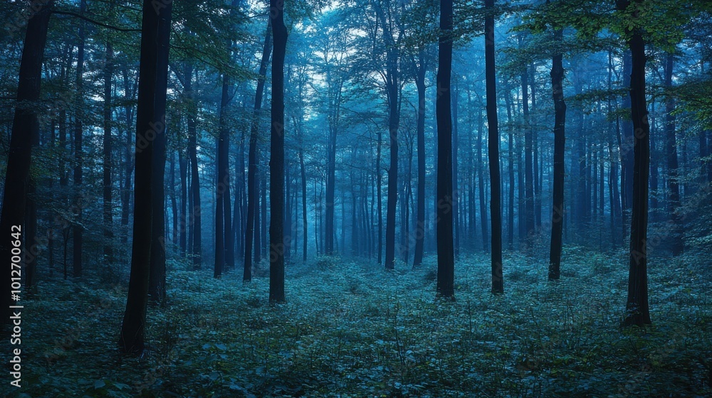 A forest at dusk, with the deep blue shadows the trees cast casting against the last of the light, lending the scene an ethereal quality. A forest at dusk, with the deep blue shadows the trees cast casting against the last of the light, lending the scene an ethereal quality.