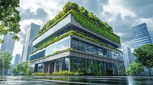 Sustainable Office Building Sketch with Green Roofs and Energy Efficiency