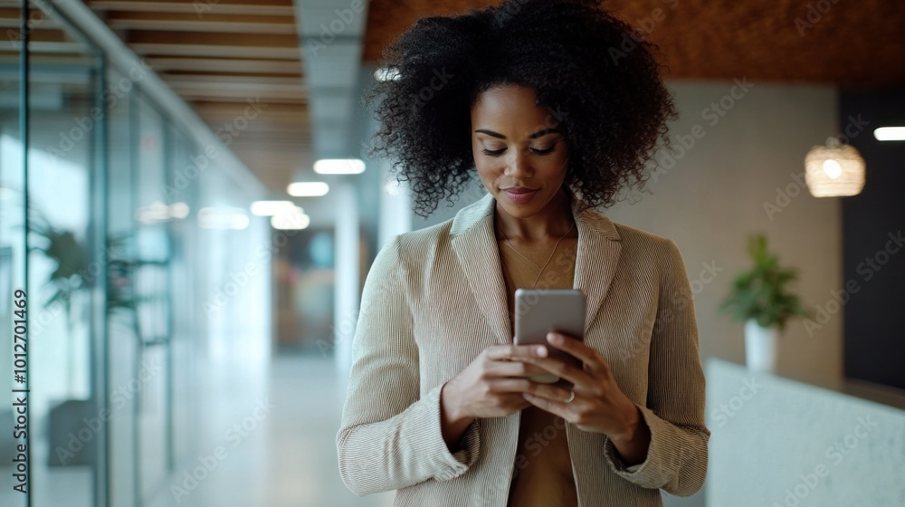 An African American female professional in a modern office, using her phone to manage appointments and client communications, showcasing efficiency An African American female professional in a modern office, using her phone to manage appointments and client communications, showcasing efficiency