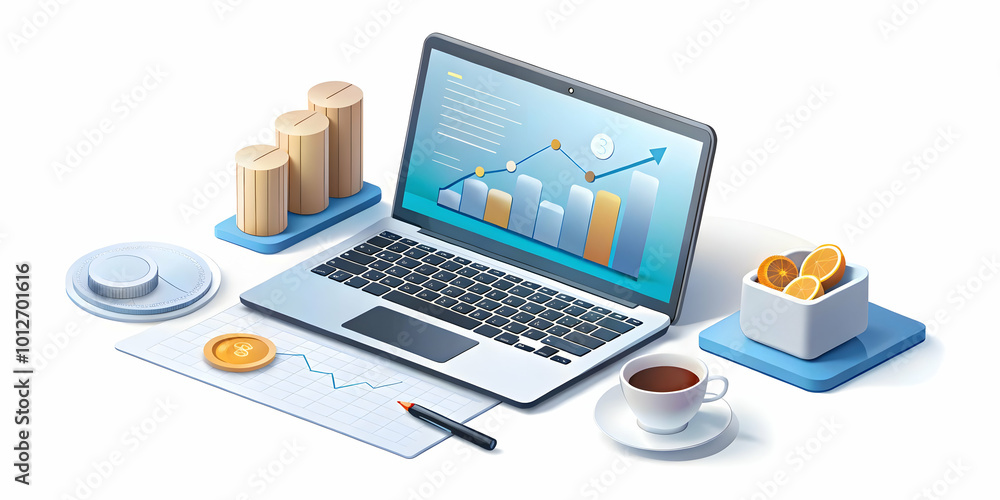 A sophisticated office desk with a laptop displaying financial graphs a cup of coffee and a neat arrangement of currency on a glossy white surface captured with a slow pan to highlight elegance and fi A sophisticated office desk with a laptop displaying financial graphs a cup of coffee and a neat arrangement of currency on a glossy white surface captured with a slow pan to highlight elegance and fi