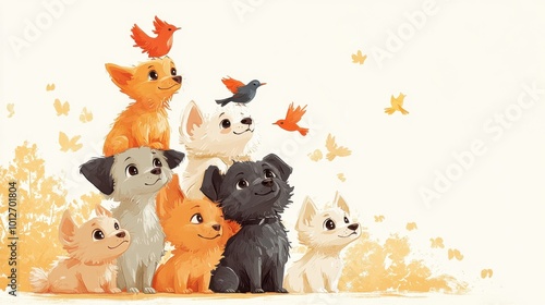A playful stack of cute dogs, all gazing upward at tiny birds, illustrated in a warm, toasty cartoon style that feels naive and comforting.