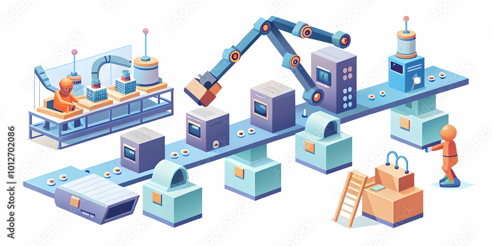 Obraz premium Flat Nanobot assembly line deals concept as Tracking shot following nanobots assembling a product at a microscopic level. Each nanobot carries a tiny price tag or discount label. As the product takes 