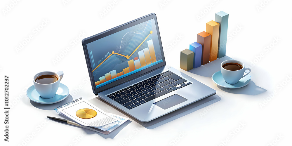 Sophisticated Office Desk with Laptop, Coffee, and Currency - Elegant Financial Insight for High-End Investment Firms and Business Services Sophisticated Office Desk with Laptop, Coffee, and Currency - Elegant Financial Insight for High-End Investment Firms and Business Services