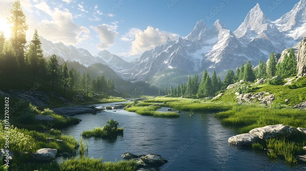 Fototapeta premium A breathtaking view of a beautiful mountain valley, featuring lush meadows, towering peaks, and a serene river