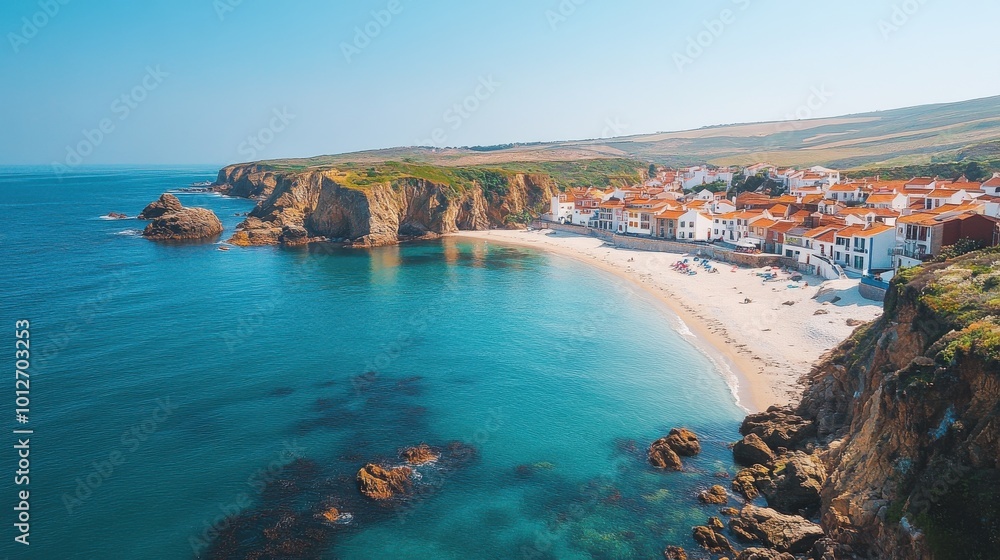Fototapeta premium A secluded coastal town in Portugal, where small-scale fishing and eco-friendly tourism protect marine life and local culture.