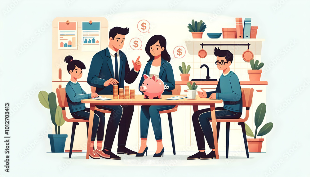 Flat Candid photo of a family discussing savings goals around the kitchen table with a piggy bank in the center concept as A candid scene capturing a family discussing their savings goals around the k Flat Candid photo of a family discussing savings goals around the kitchen table with a piggy bank in the center concept as A candid scene capturing a family discussing their savings goals around the k