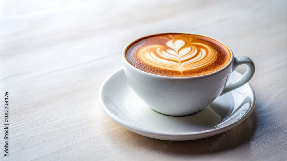 Indulge in a hot coffee latte on a pristine white table, perfect for stunning food cover pages and Indulge in a hot coffee latte on a pristine white table, perfect for stunning food cover pages and