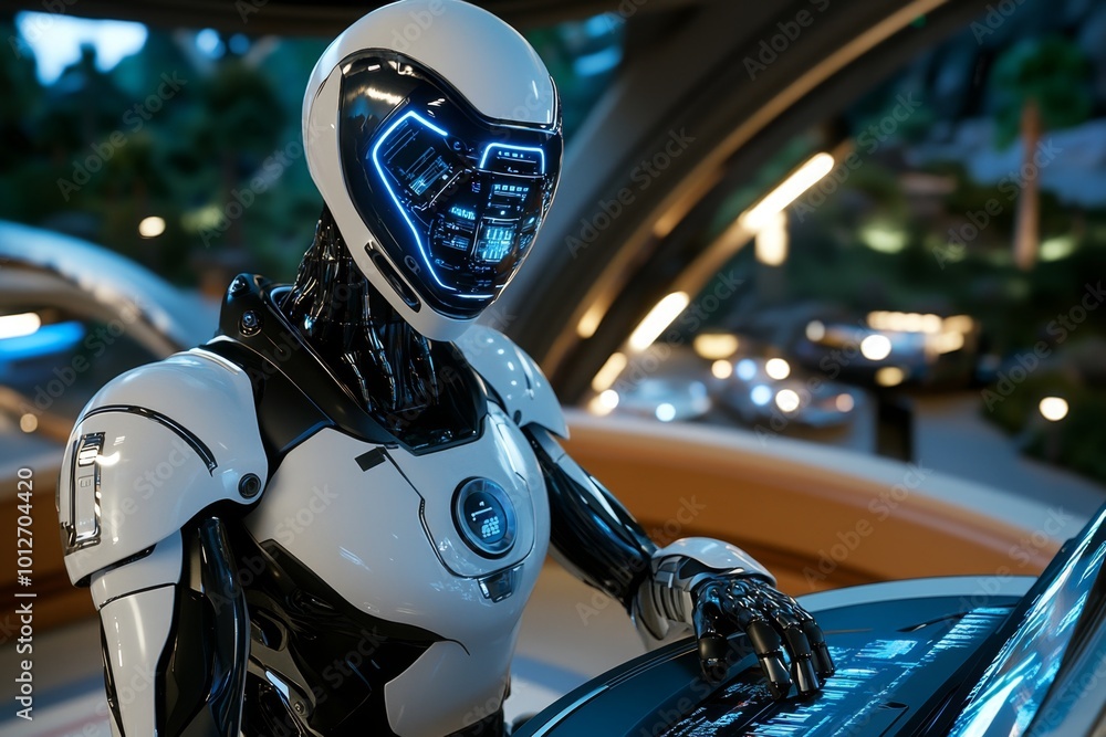 Artificial intelligence controlling a futuristic urban environment, with robotic systems managing traffic, healthcare, and communication Artificial intelligence controlling a futuristic urban environment, with robotic systems managing traffic, healthcare, and communication