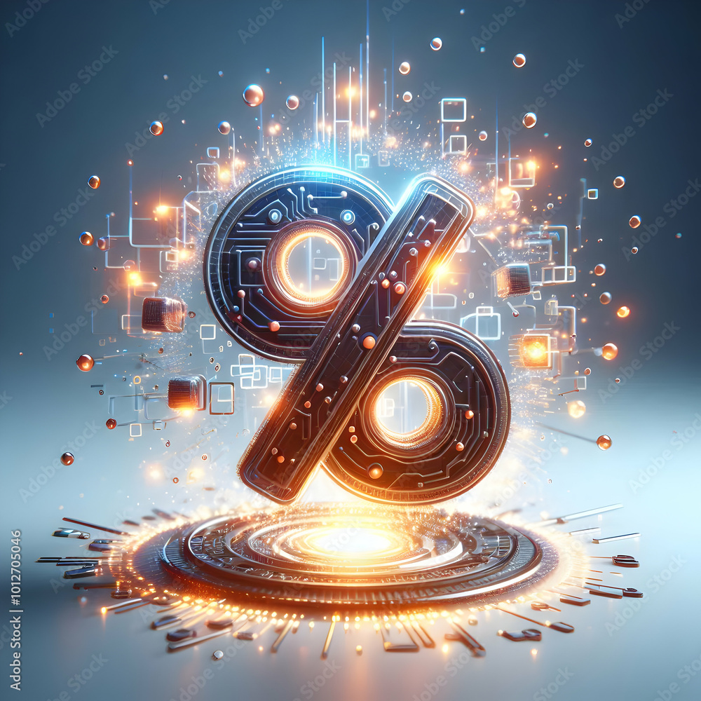 Fototapeta premium 3D Glowing abstract price cut icon with digital glow concept as A glowing price cut icon surrounded by floating digital particles symbolizing Cyber Monday discounts. The design blends modern tech elem