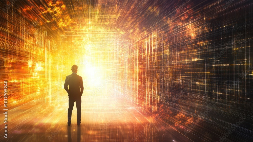 A silhouette of a person stands before a glowing, abstract pathway filled with vibrant colors and lights, symbolizing exploration and possibilities. A silhouette of a person stands before a glowing, abstract pathway filled with vibrant colors and lights, symbolizing exploration and possibilities.