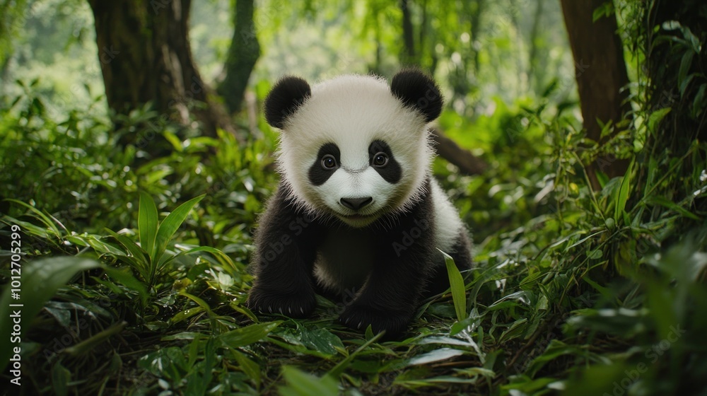 Adorable Panda Cub in Lush Forest Adorable Panda Cub in Lush Forest