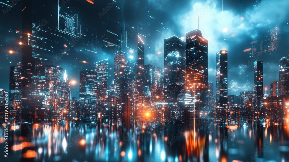 A futuristic cityscape illuminated by vibrant lights and digital effects, showcasing skyscrapers mirrored in water under a dramatic sky. A futuristic cityscape illuminated by vibrant lights and digital effects, showcasing skyscrapers mirrored in water under a dramatic sky.
