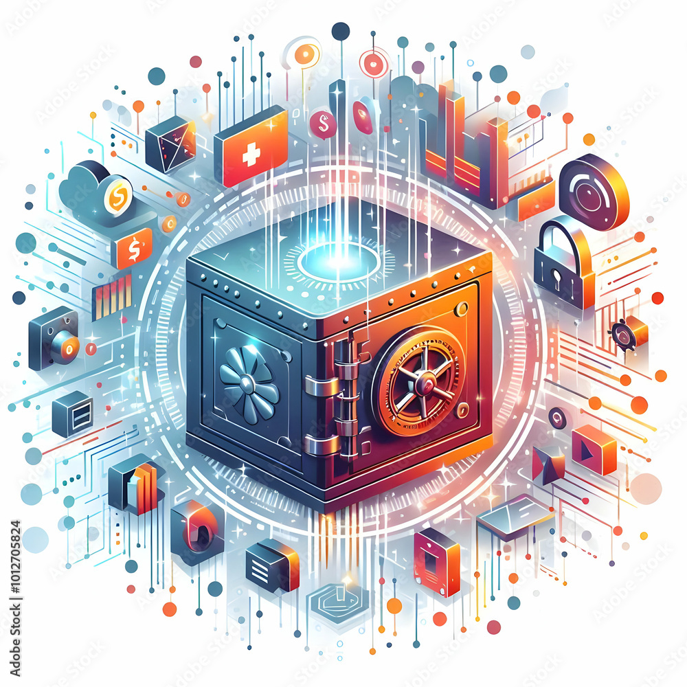 Flat Abstract Digital Vault with Glowing Holographic Elements - Smart Business Concept Illustration for Financial Security and Savings in a Vibrant Digital World Flat Abstract Digital Vault with Glowing Holographic Elements - Smart Business Concept Illustration for Financial Security and Savings in a Vibrant Digital World
