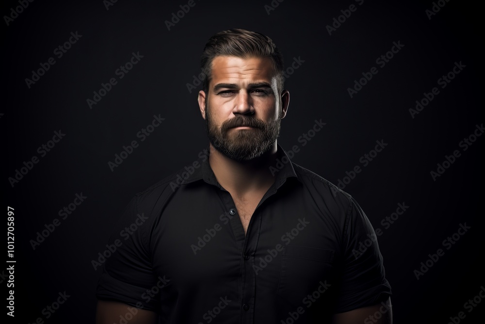Portrait of a bearded man in a black shirt on a dark background. Portrait of a bearded man in a black shirt on a dark background.