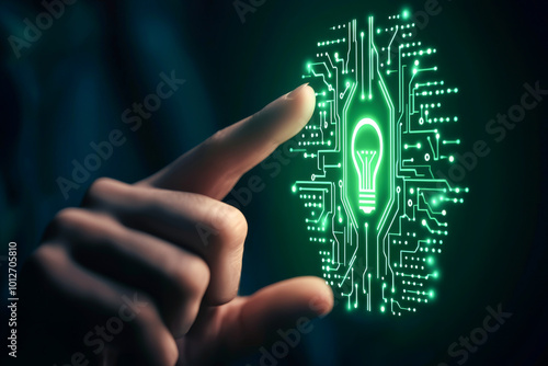 A hand touching a glowing circuit board design, symbolizing innovation and technology in a digital world.