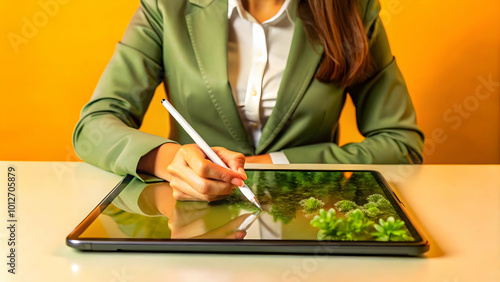 Close Up of a Businesswoman Signing Digital Contract on Tablet with Stylus - Macro Image of Modern Business Agreement Details on White Background photo