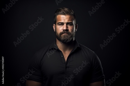 Portrait of a bearded man in a black shirt on a dark background.