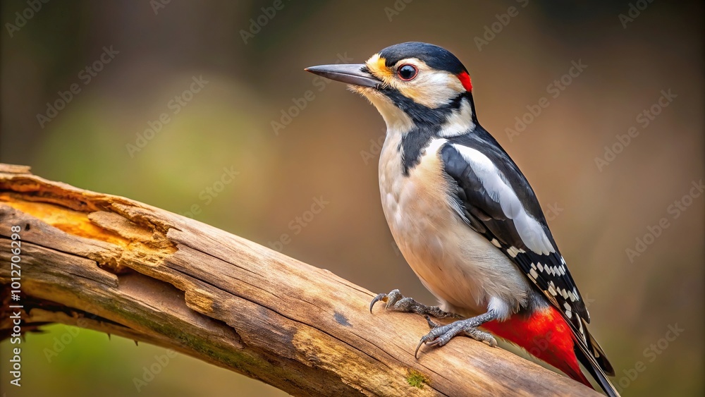 Naklejka premium Forced perspective photo of a great spotted woodpecker