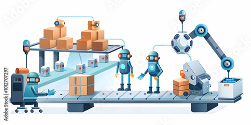 Wallpaper Mural Flat Nanobot Assembly Line Concept: Tracking Shot of Nanobots Assembling Products with Price Tags, Discounts, and Cumulative Savings Annotations in a Smart Business Illustration Torontodigital.ca