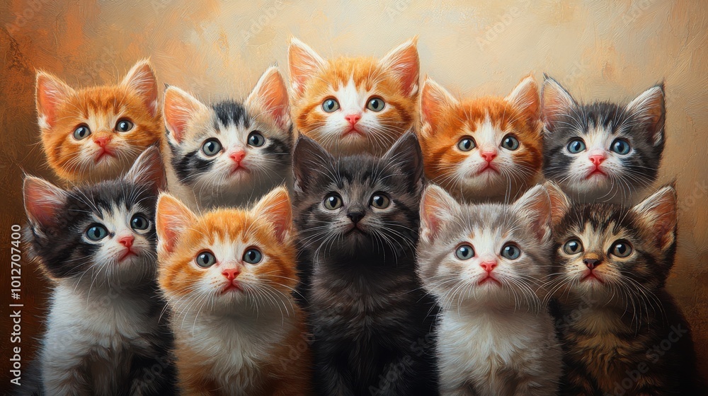 Stacked kittens in a playful arrangement, their eyes looking upward, the illustration bathed in warm, soothing colors, perfect for a childlike, comforting scene. Stacked kittens in a playful arrangement, their eyes looking upward, the illustration bathed in warm, soothing colors, perfect for a childlike, comforting scene.