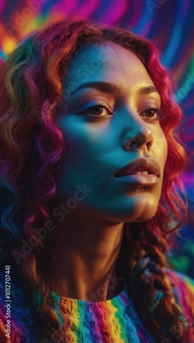 Woman with vibrant multicolored hair in psychedelic setting