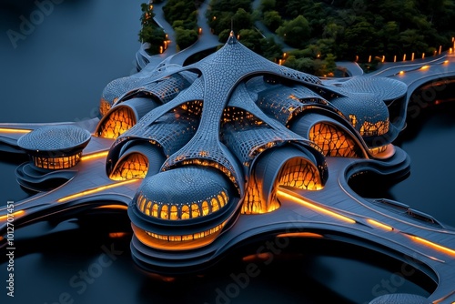 Floating cities in tomorrowâ€™s world, with futuristic architecture hovering above the clouds, connected by bridges and glowing with light #1012707451