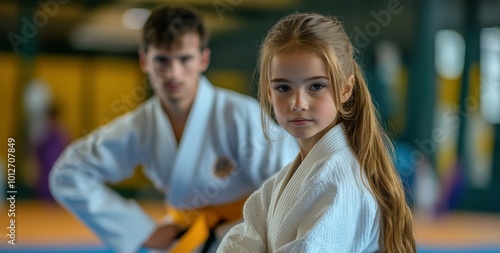 Master and girl in white judogi kneeling photo