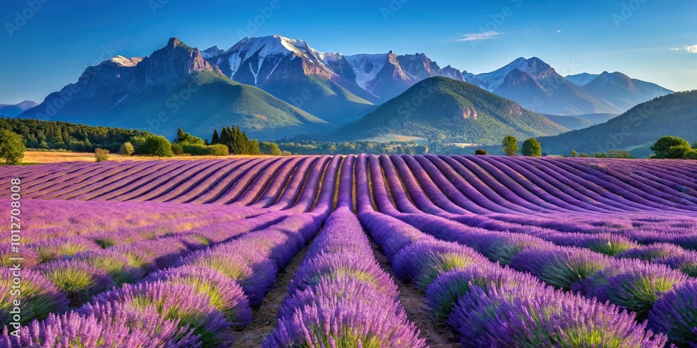 Naklejka premium Forced perspective photo showcasing French elegance with captivating scenes of lavender fields and alpine peaks