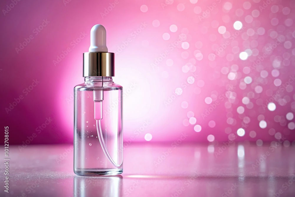 Forced perspective photography of a cosmetic serum in a clear bottle with a pink background Forced perspective photography of a cosmetic serum in a clear bottle with a pink background